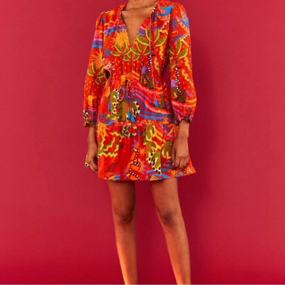 Farm Rio Red Magic Forest V Neck Mini Dress
